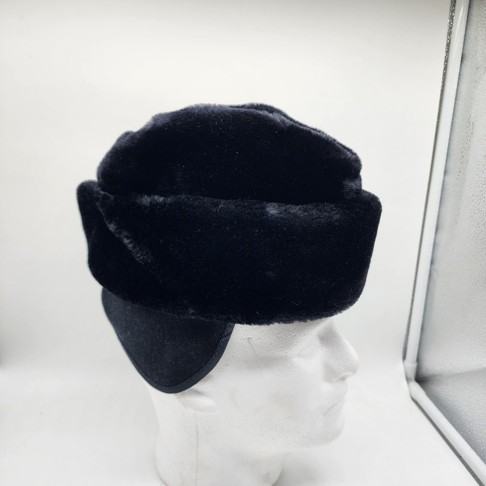 Vintage Faux Fur Cossack Usanka Hat Black Quilted Lining Fold Down Ear Flaps